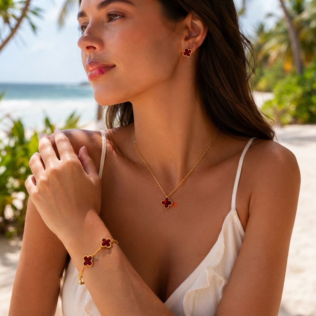 Conjunto Trébol Rojo Dorado – Collar, Aretes y Pulsera