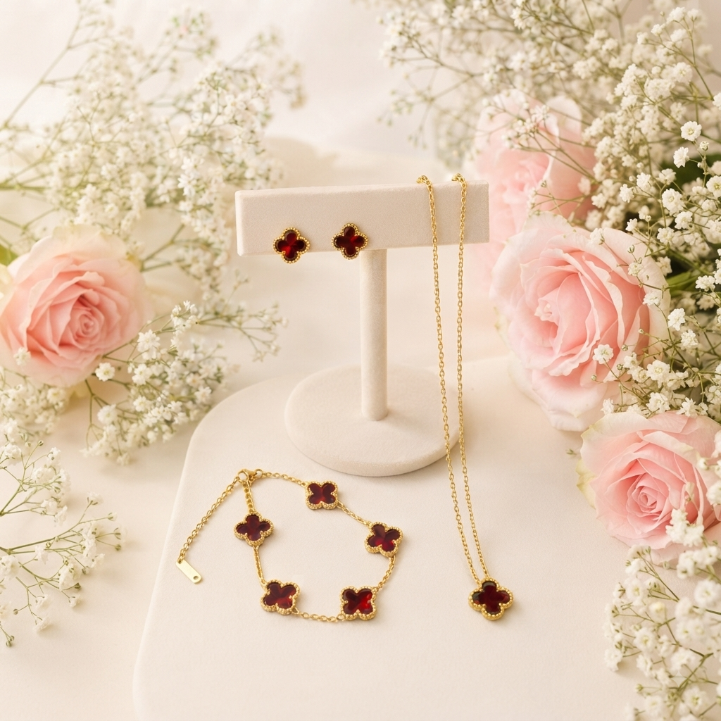 Conjunto Trébol Rojo Dorado – Collar, Aretes y Pulsera