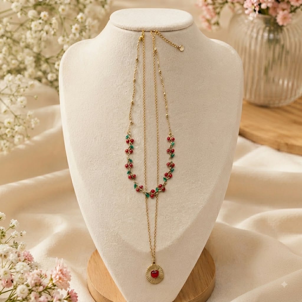 Collar Doble Corazón y Rosas