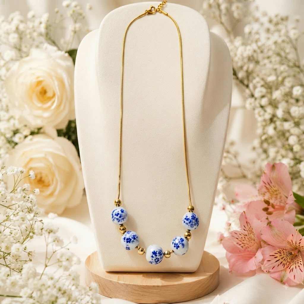 Collar Porcelana Azul y Dorado